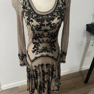 Johnny Was Biya Taupe Mesh / Black Floral Embroidery / Midi Slip Dress  Small